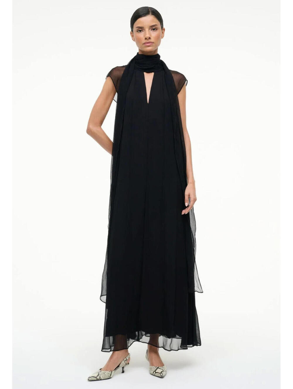 STAUD Black Sheer Cape Maxi Dress